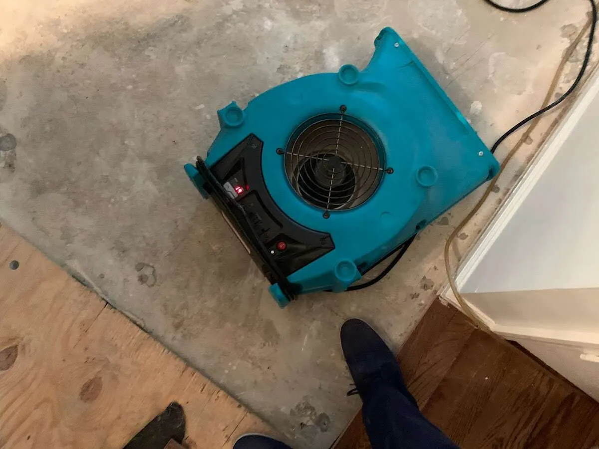Air mover drying subfloor during Leak Detection & Repair in Plain City